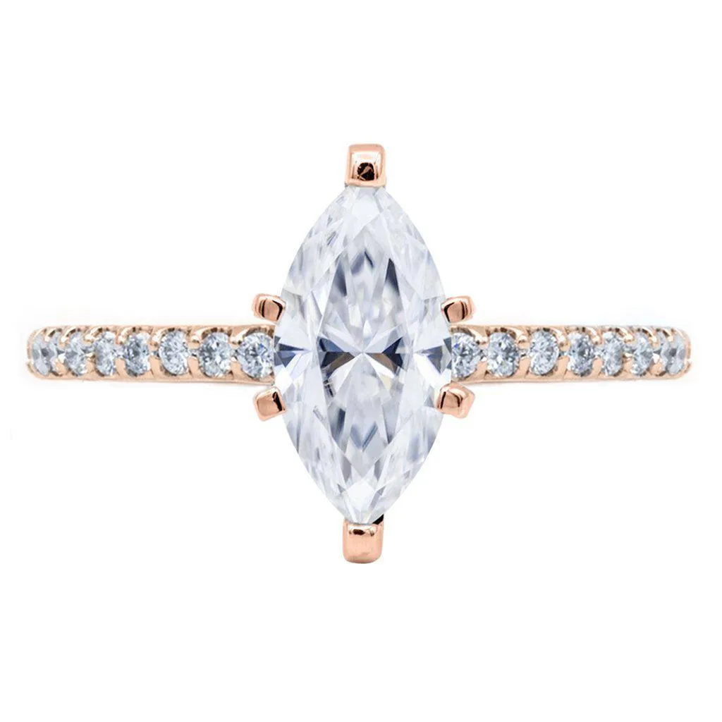 Marquise Moissanite 6 Prongs Diamond Accent Ice Cathedral Solitaire Ring