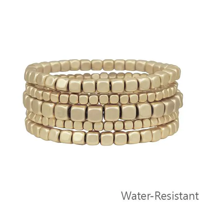 Matte Gold Square Beaded Stretch Bracelet Set