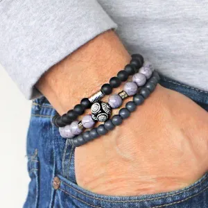 Men's Bracelets Set of 3 Beaded Stretch Bracelets Stack in Muted Grey and Blacks - M4