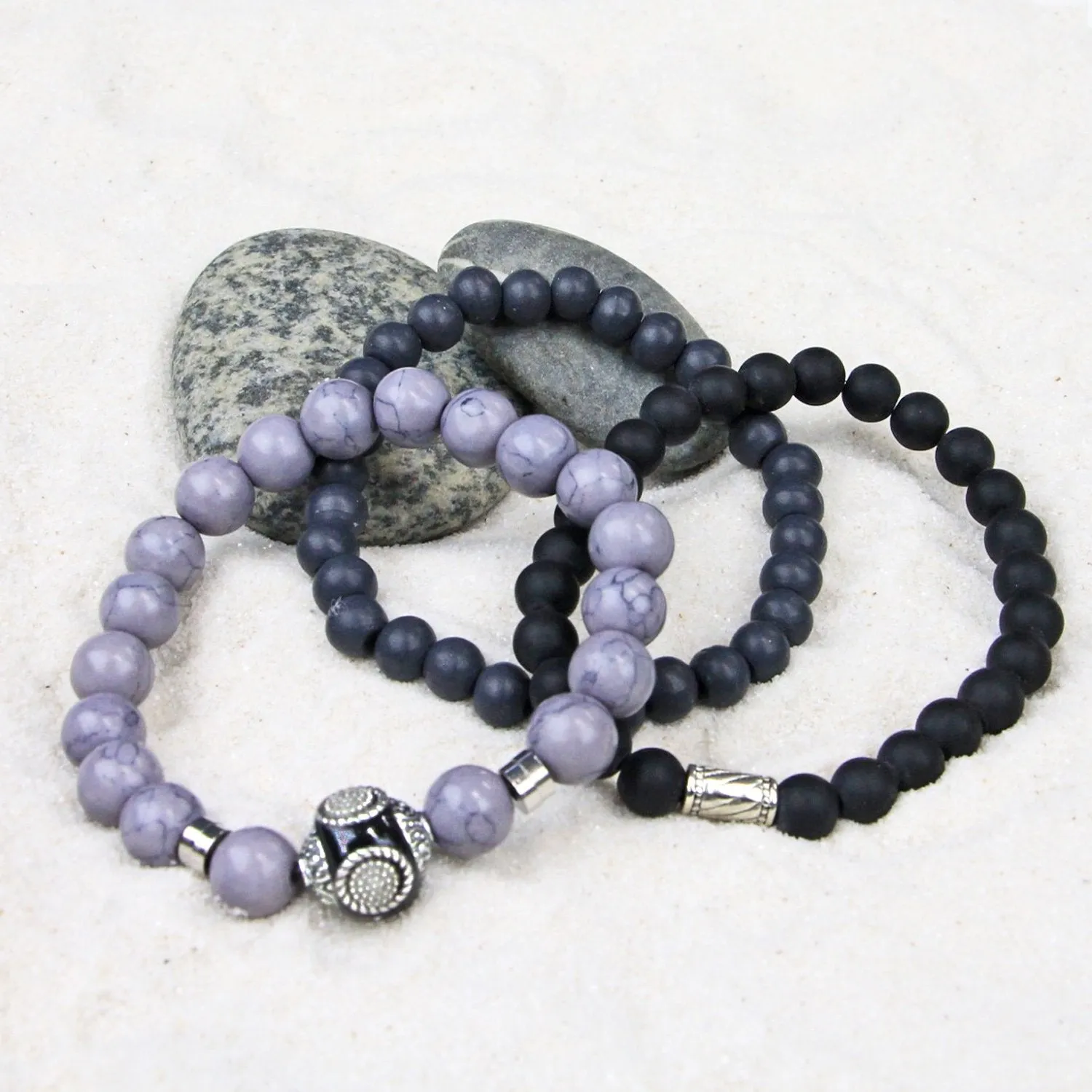 Men's Bracelets Set of 3 Beaded Stretch Bracelets Stack in Muted Grey and Blacks - M4