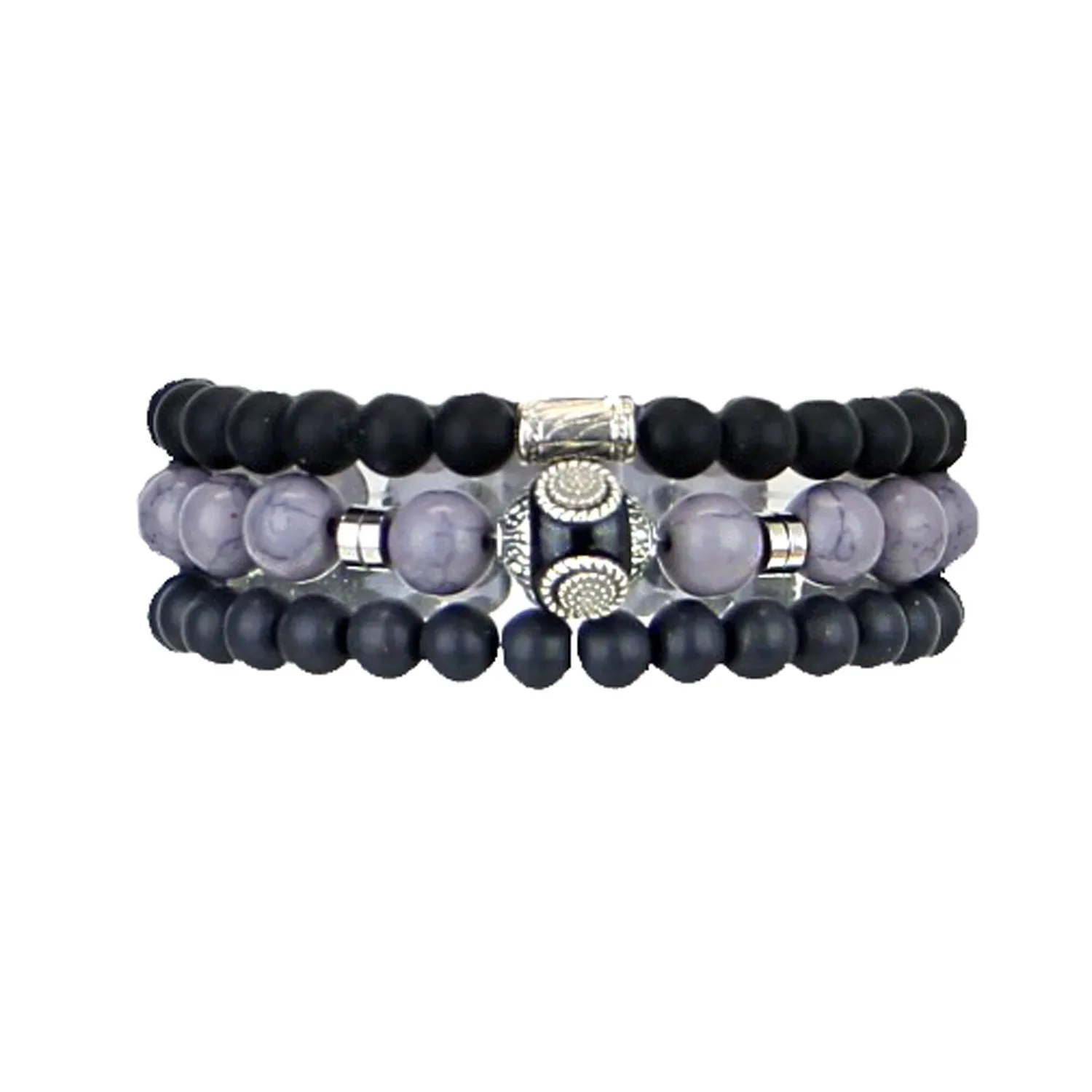 Men's Bracelets Set of 3 Beaded Stretch Bracelets Stack in Muted Grey and Blacks - M4