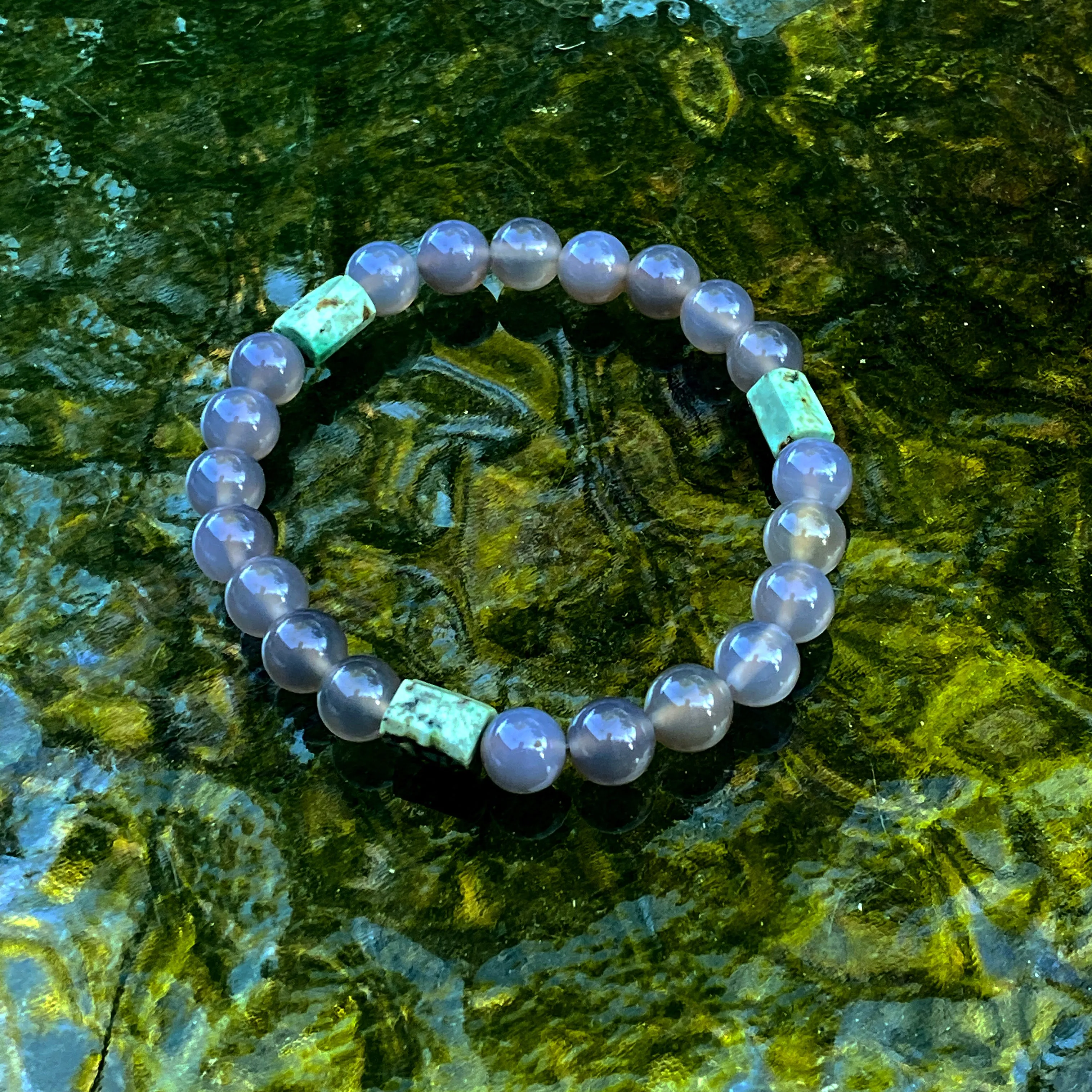 Men’s Gray Agate & African Turquoise Gemstone stretch Bracelet