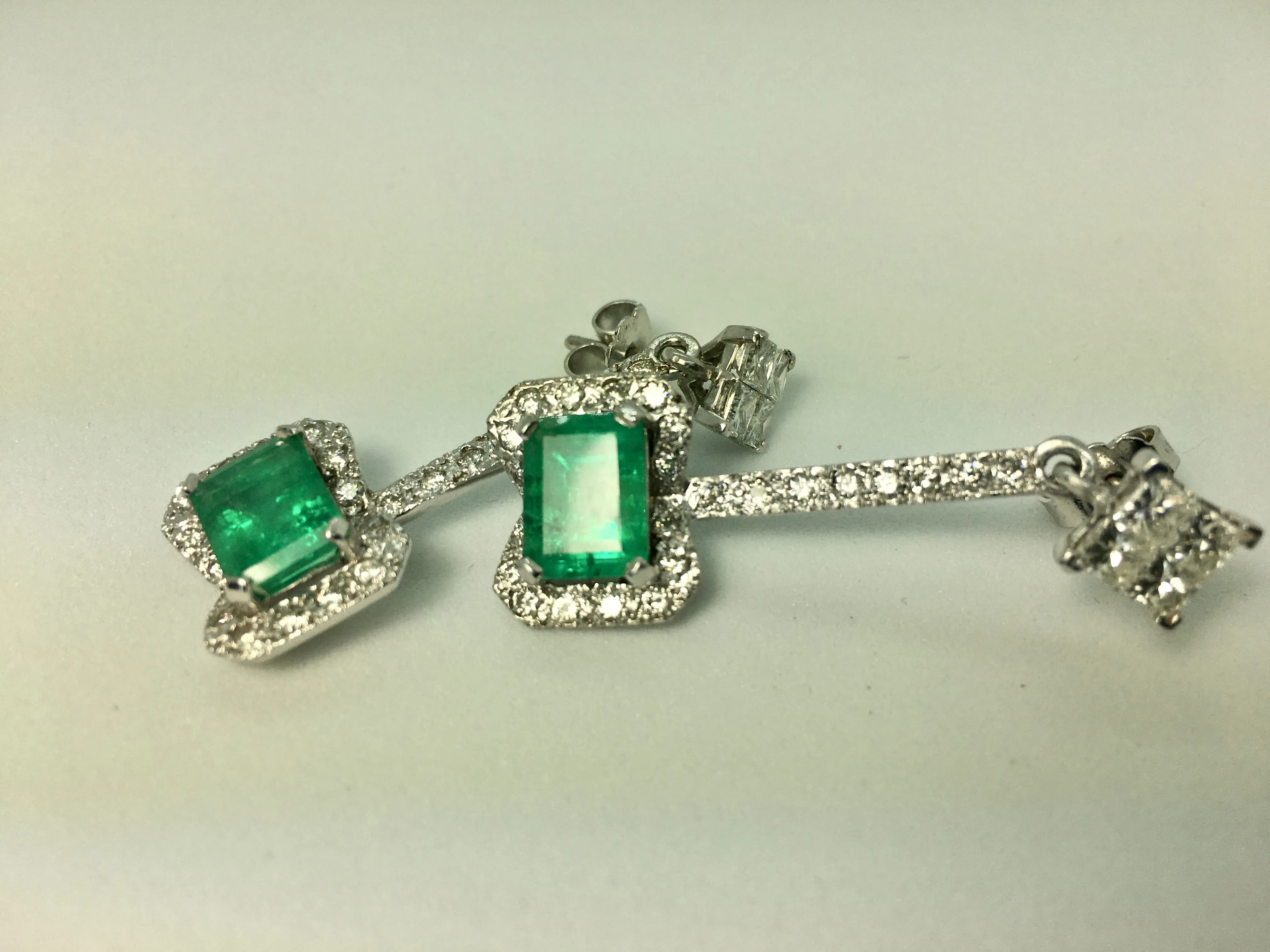 Midcentury Style Emerald and Diamond Drop Earrings 18K