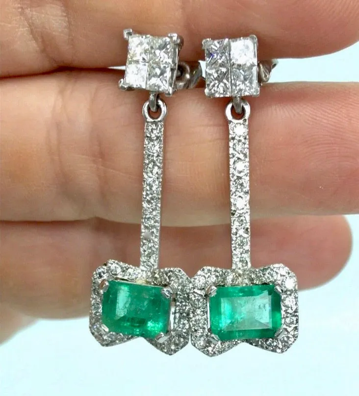 Midcentury Style Emerald and Diamond Drop Earrings 18K