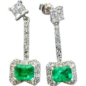 Midcentury Style Emerald and Diamond Drop Earrings 18K