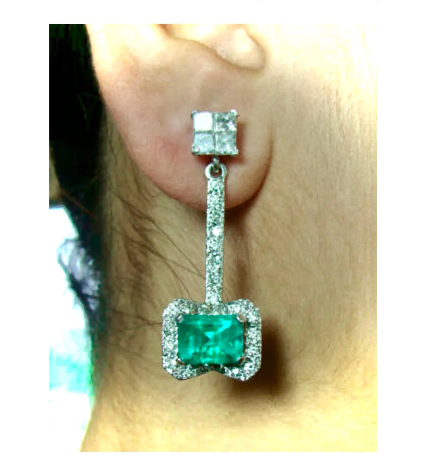 Midcentury Style Emerald and Diamond Drop Earrings 18K