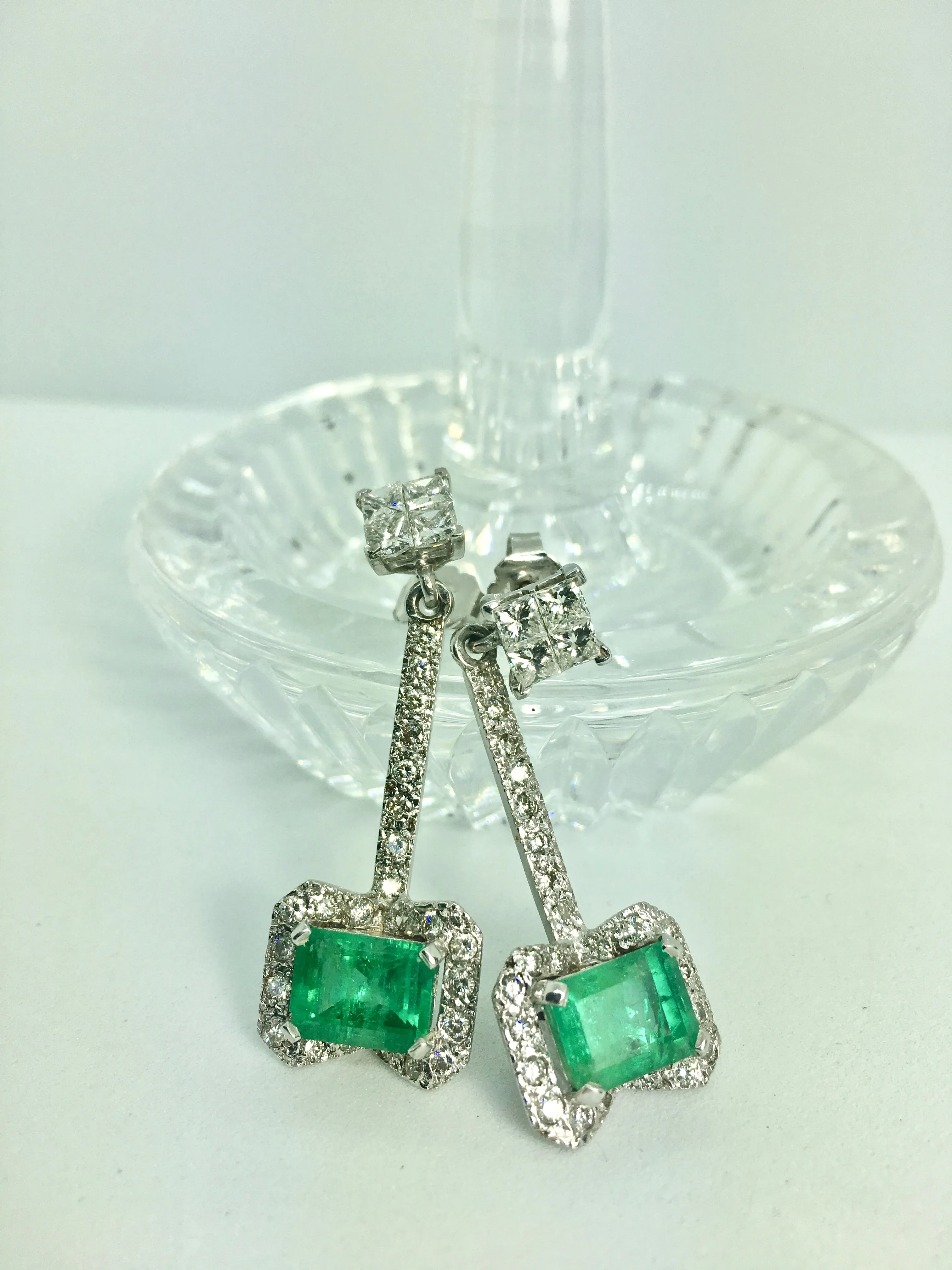 Midcentury Style Emerald and Diamond Drop Earrings 18K