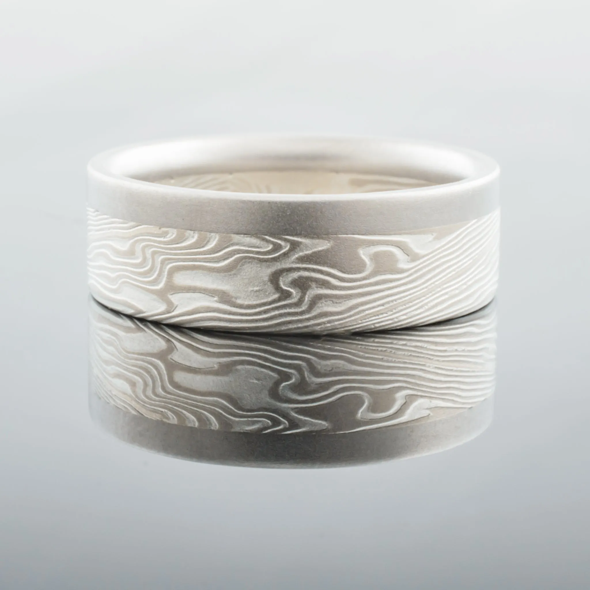 Modern Mokume Gane Ring or Wedding Band in Ash Palette and Twist Pattern with Added Palladium Rail