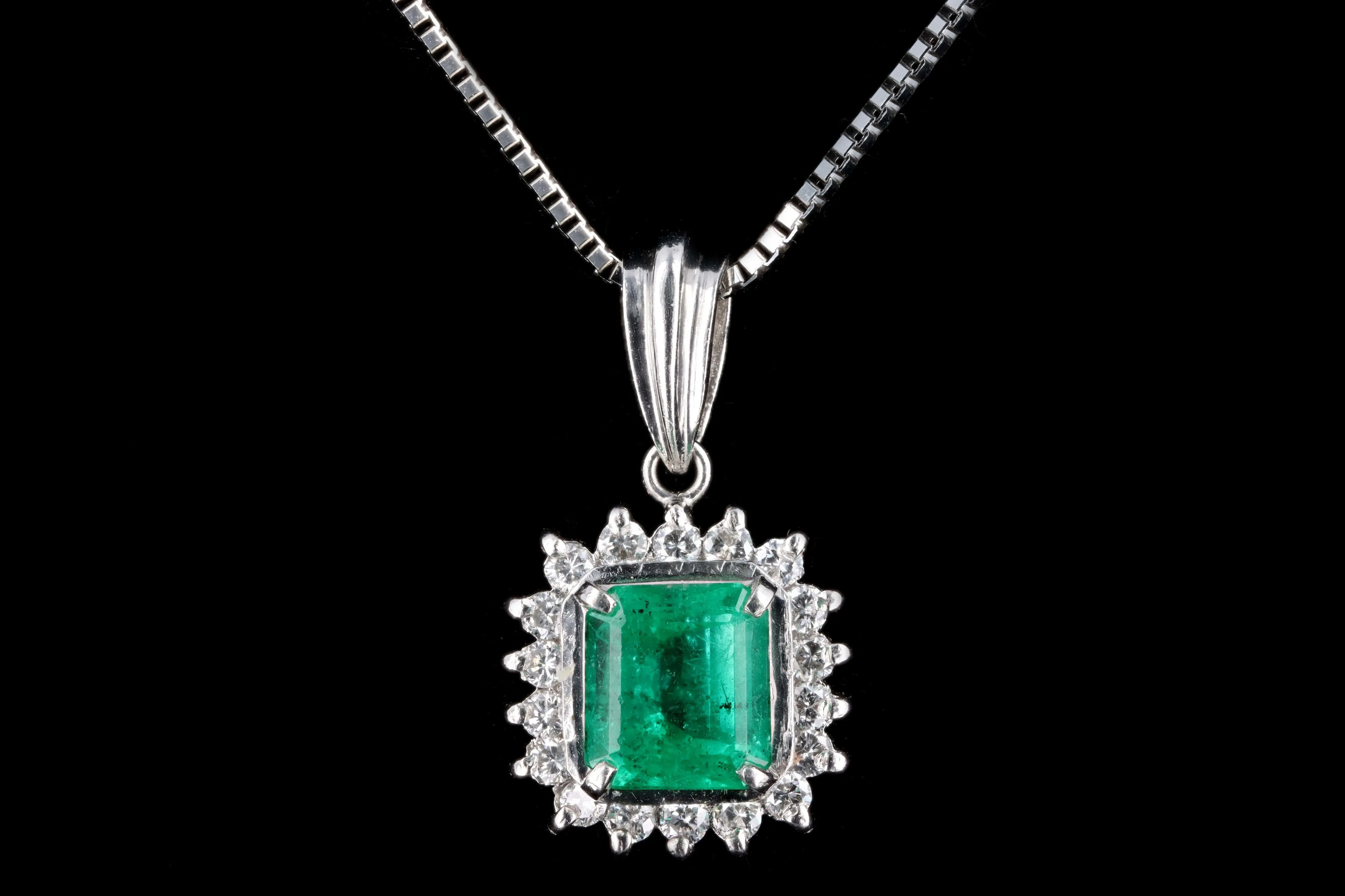 Modern Platinum .95 Carat Emerald & Diamond Pendant Necklace