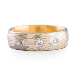 Mokume Gane Classic Ring or Wedding Band in Firestorm Palette and Twist Pattern with Flush Set Diamonds