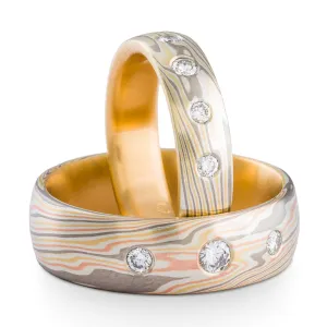 Mokume Gane Diamond Ring Set or Wedding Band Set in Flare and Firestorm Palettes and Twist Pattern