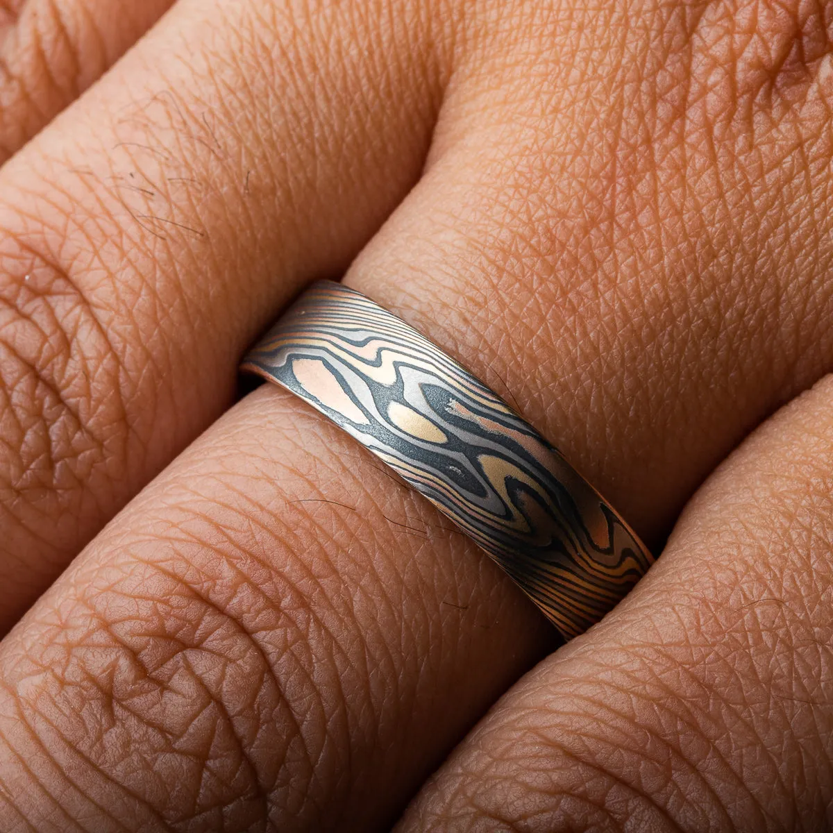 Mokume Gane Earthy Style Ring in Firestorm Palette and Twist Pattern