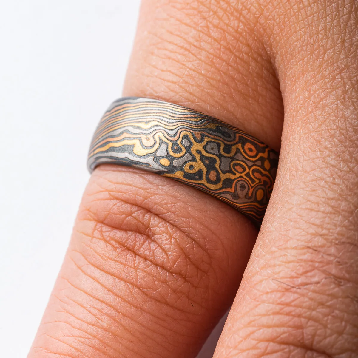 Mokume Gane Matching Wedding Band Set or Ring Set in Twist/Droplet Pattern and Oxidized Firestorm Palette