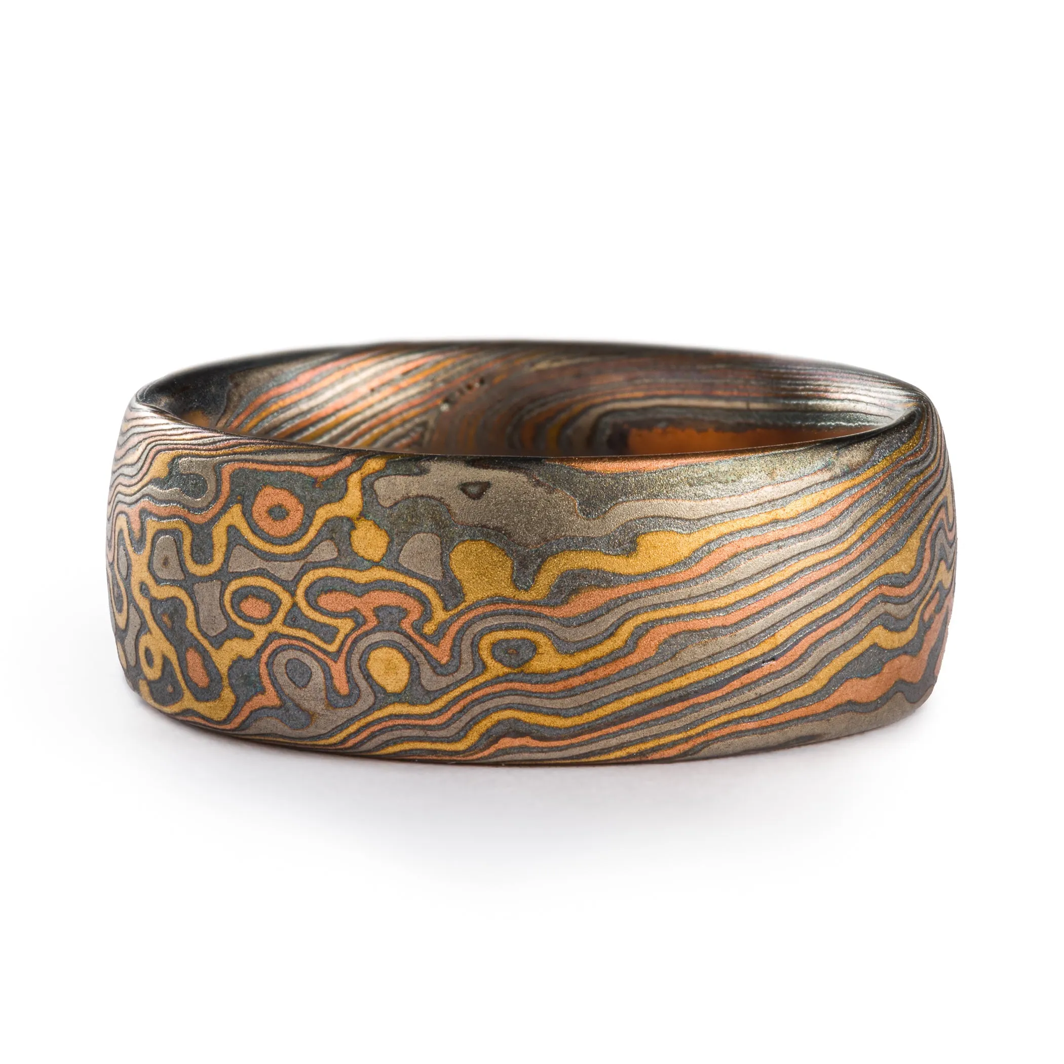 Mokume Gane Matching Wedding Band Set or Ring Set in Twist/Droplet Pattern and Oxidized Firestorm Palette