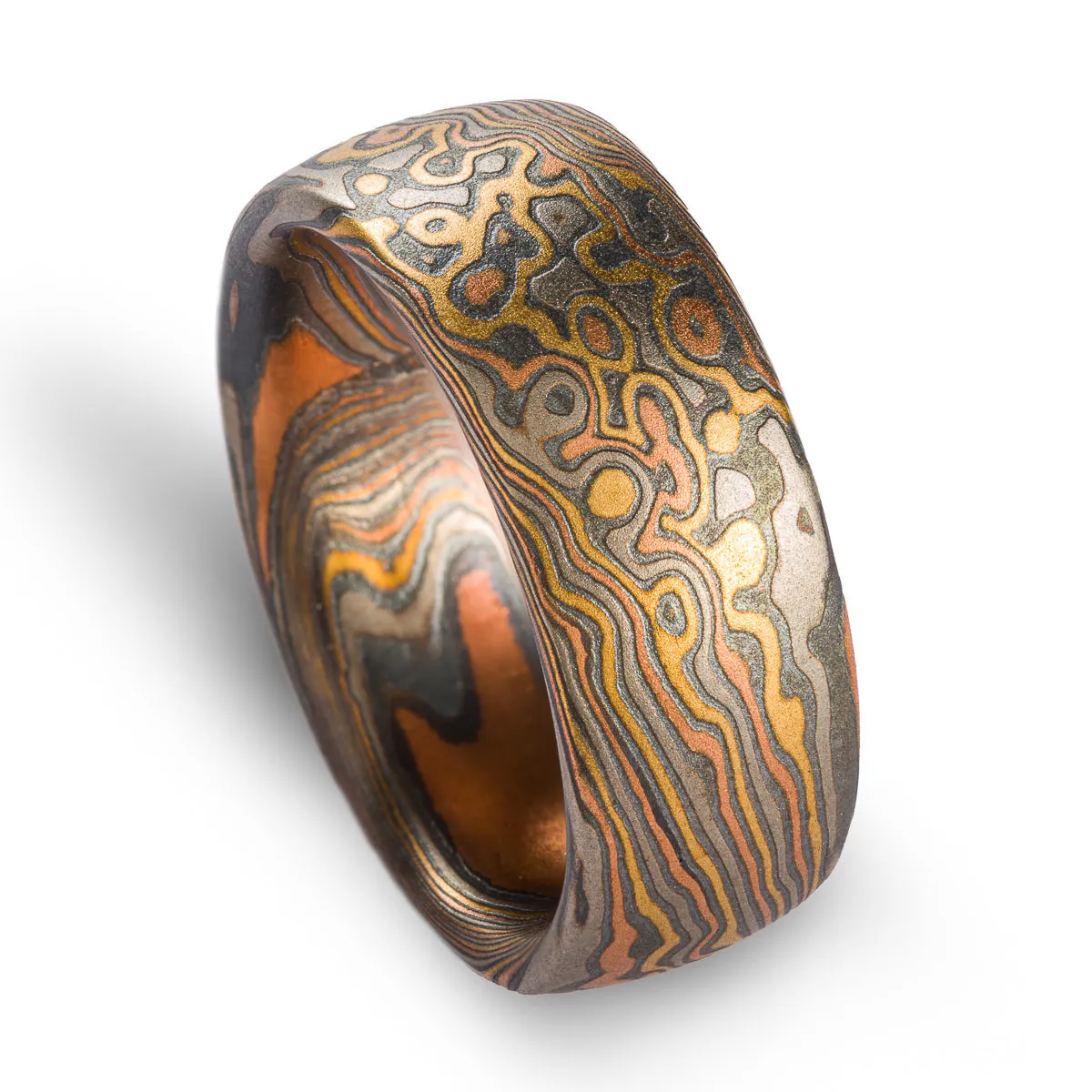 Mokume Gane Matching Wedding Band Set or Ring Set in Twist/Droplet Pattern and Oxidized Firestorm Palette