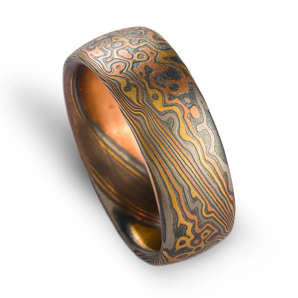 Mokume Gane Matching Wedding Band Set or Ring Set in Twist/Droplet Pattern and Oxidized Firestorm Palette