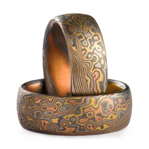 Mokume Gane Matching Wedding Band Set or Ring Set in Twist/Droplet Pattern and Oxidized Firestorm Palette