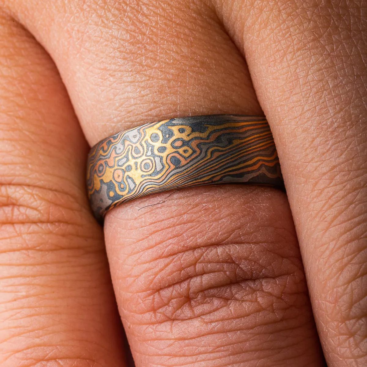 Mokume Gane Matching Wedding Band Set or Ring Set in Twist/Droplet Pattern and Oxidized Firestorm Palette