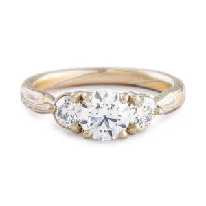 Mokume Gane Ring or Engagement Ring in Flare Palette and Twist Pattern with Prong Set Diamonds