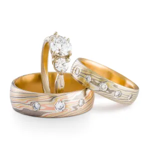Mokume Gane Ring Set or Three Part Wedding Set in Flare and Firestorm Palettes and Twist Pattern with Diamonds