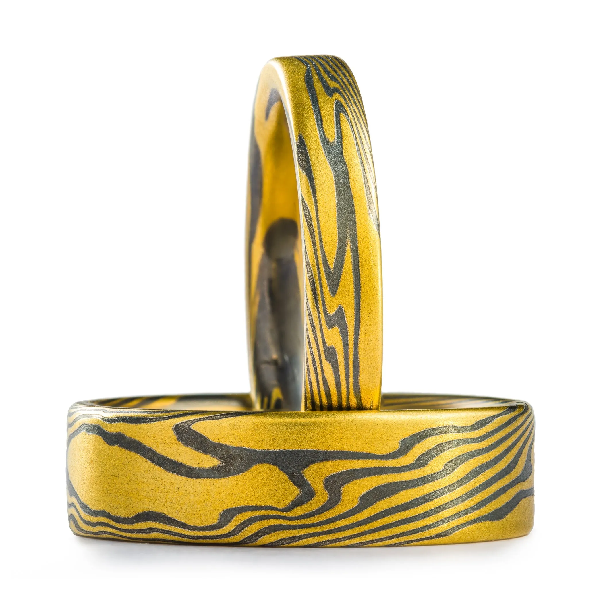 Mokume Gane Rings or Wedding Band Set in Oxidized Spark Palette and Twist Pattern
