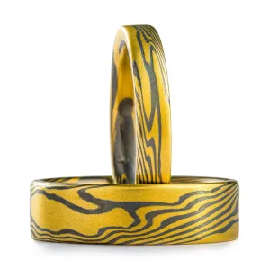 Mokume Gane Rings or Wedding Band Set in Oxidized Spark Palette and Twist Pattern