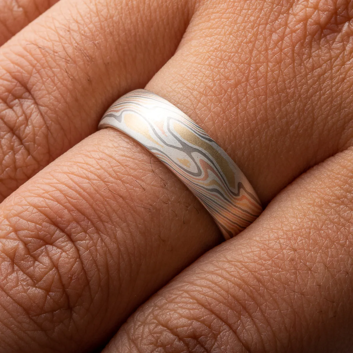 Mokume Gane Whimsical Band or Wedding Ring in Non Oxidized Firestorm Palette and Twist Pattern