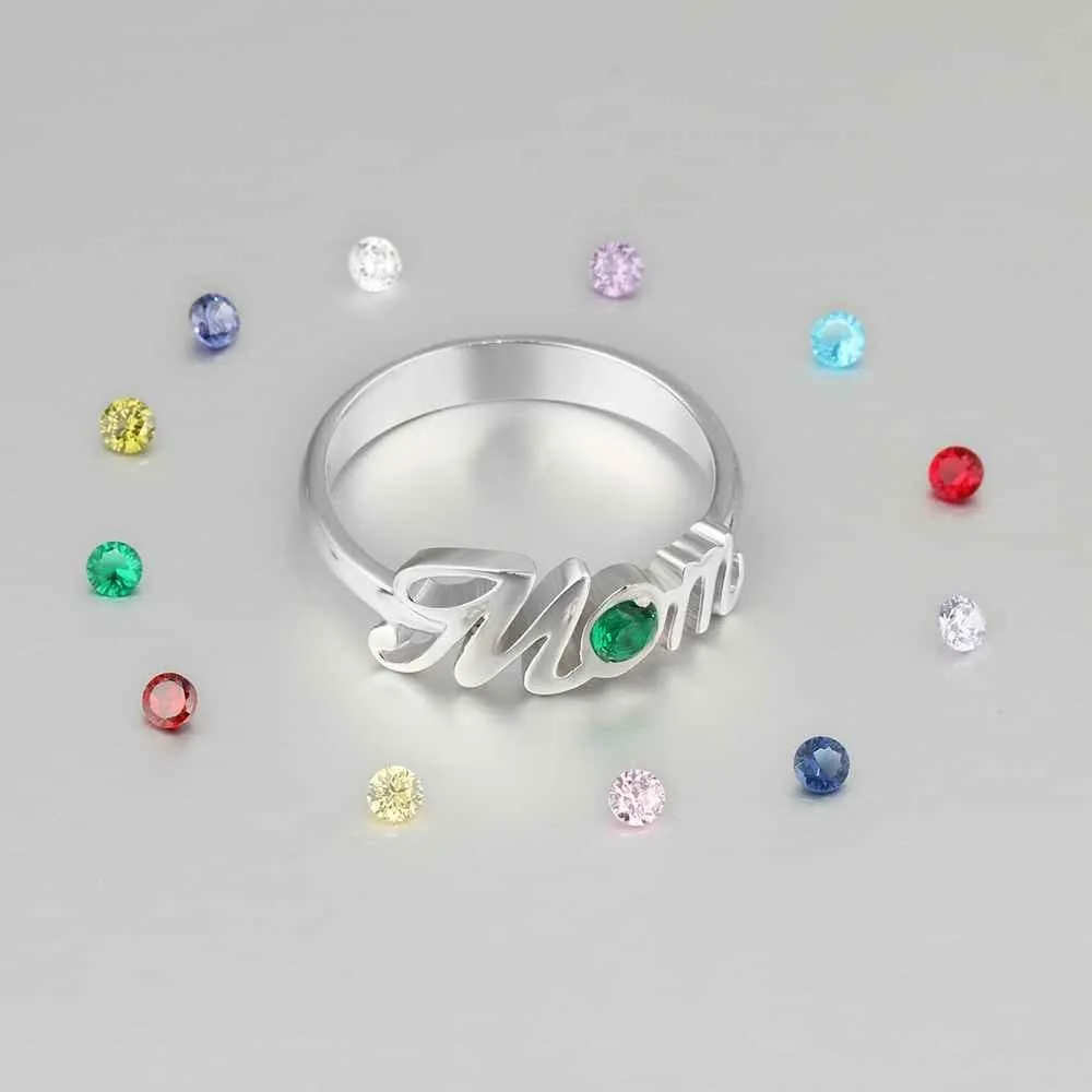 ‘Mom’ Shaped Personalized 925 Sterling Silver Ring with Cubic Zirconia Stones, Gift for Mother