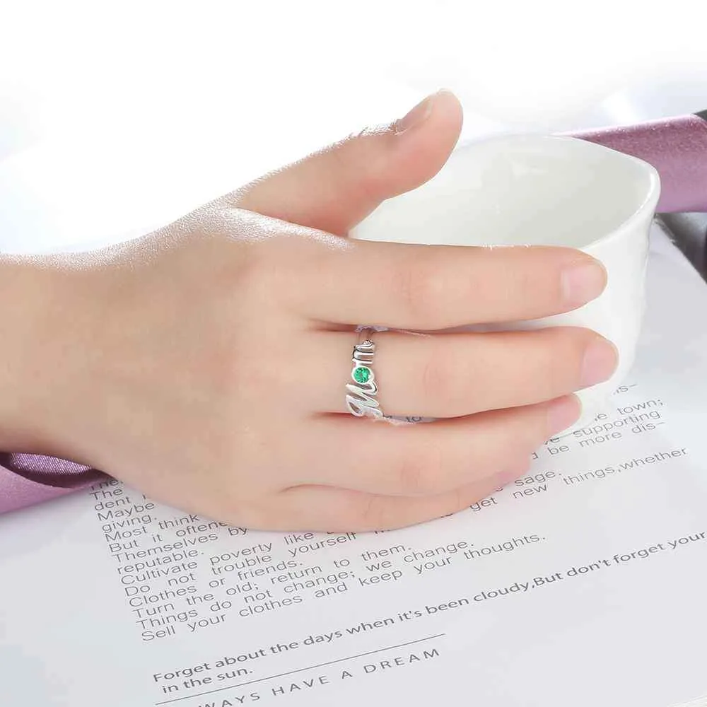 ‘Mom’ Shaped Personalized 925 Sterling Silver Ring with Cubic Zirconia Stones, Gift for Mother