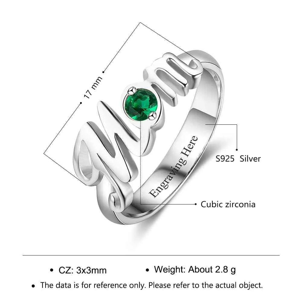 ‘Mom’ Shaped Personalized 925 Sterling Silver Ring with Cubic Zirconia Stones, Gift for Mother