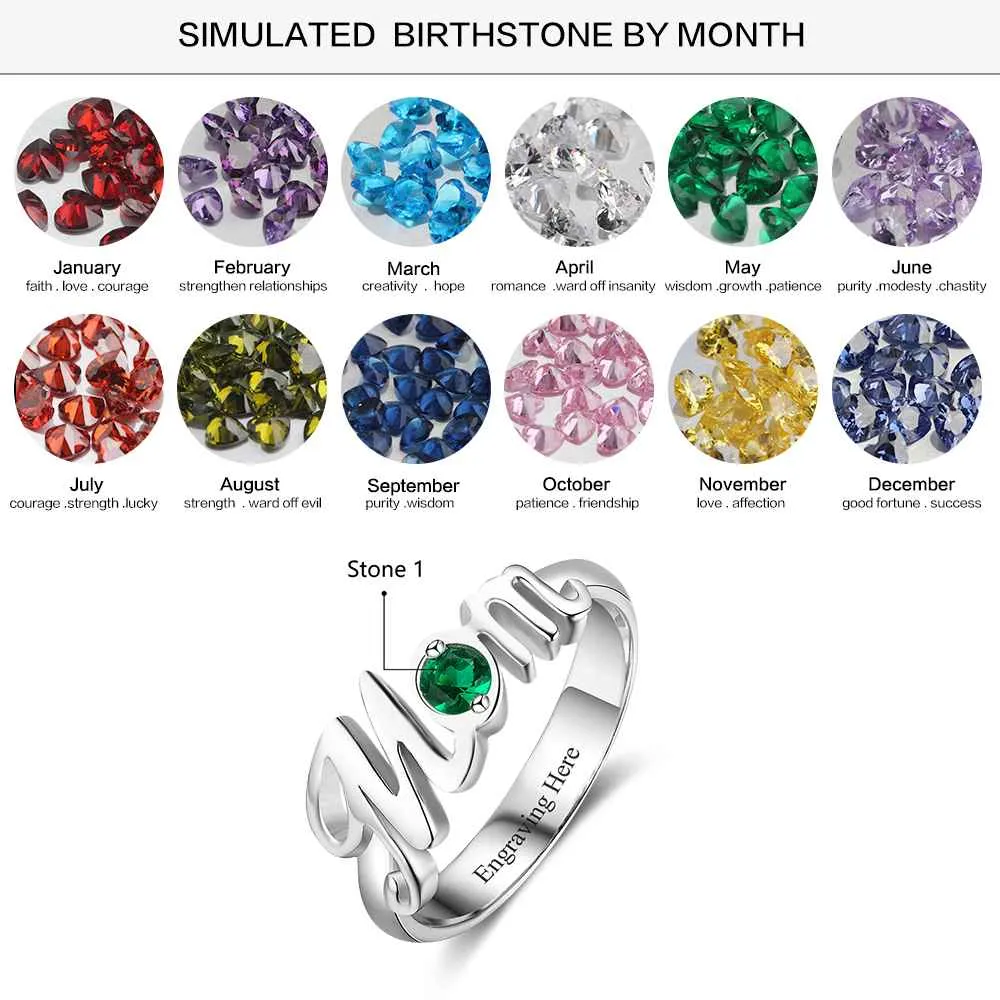 ‘Mom’ Shaped Personalized 925 Sterling Silver Ring with Cubic Zirconia Stones, Gift for Mother