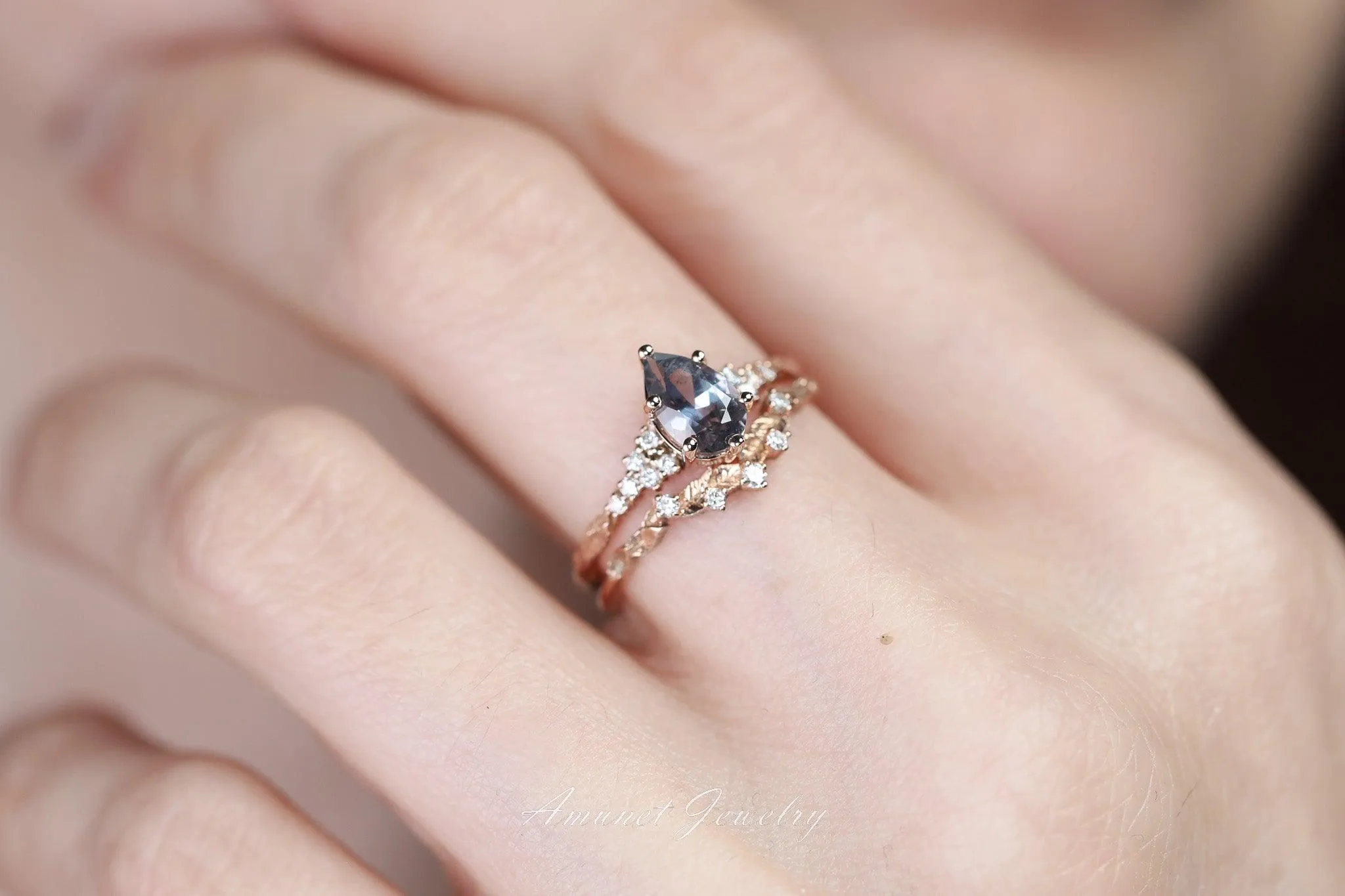 Montana sapphire ring, purple sapphire engagement ring, pear sapphire, leaf design ring, unique ring,promise ring.