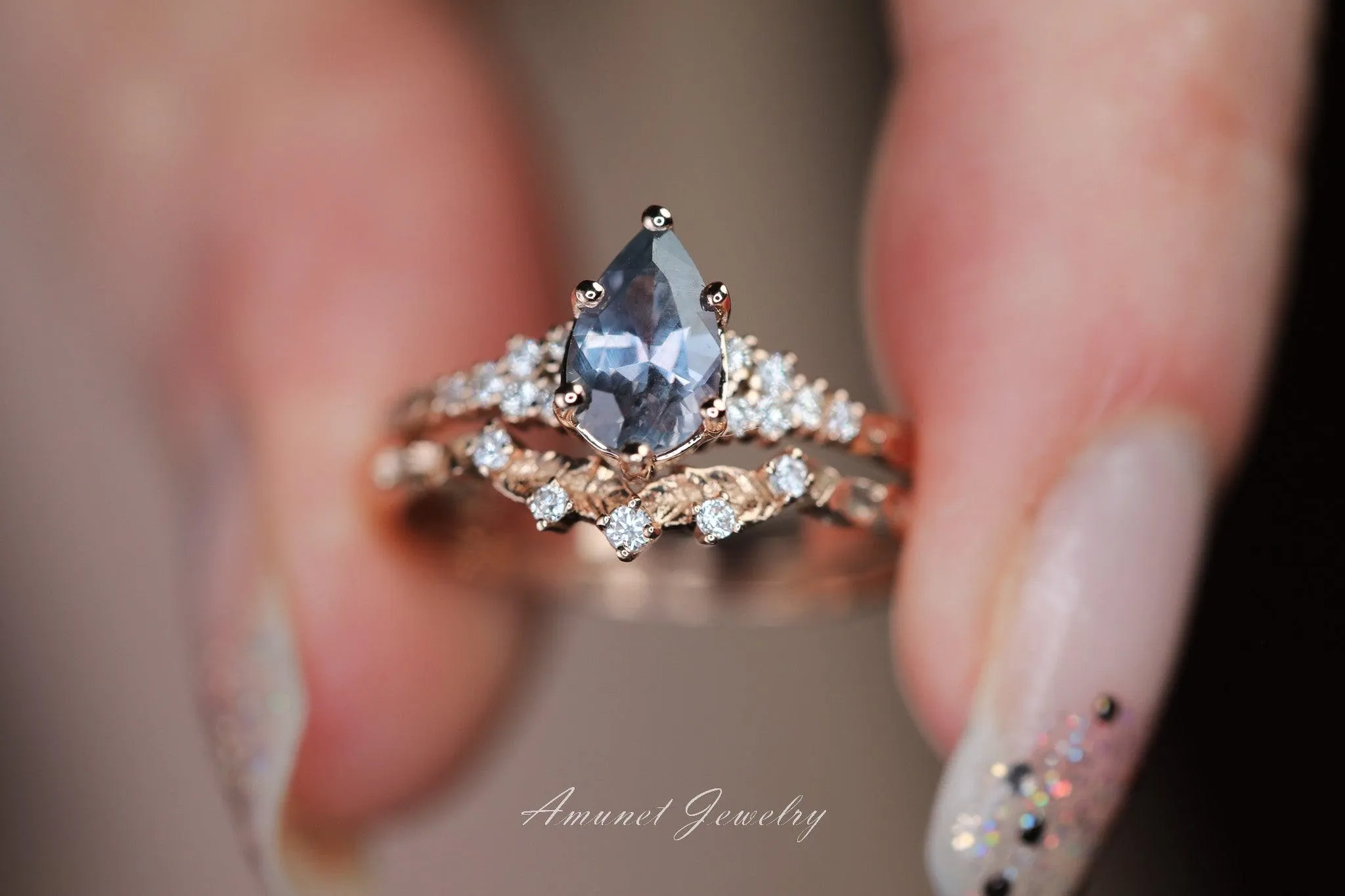 Montana sapphire ring, purple sapphire engagement ring, pear sapphire, leaf design ring, unique ring,promise ring.