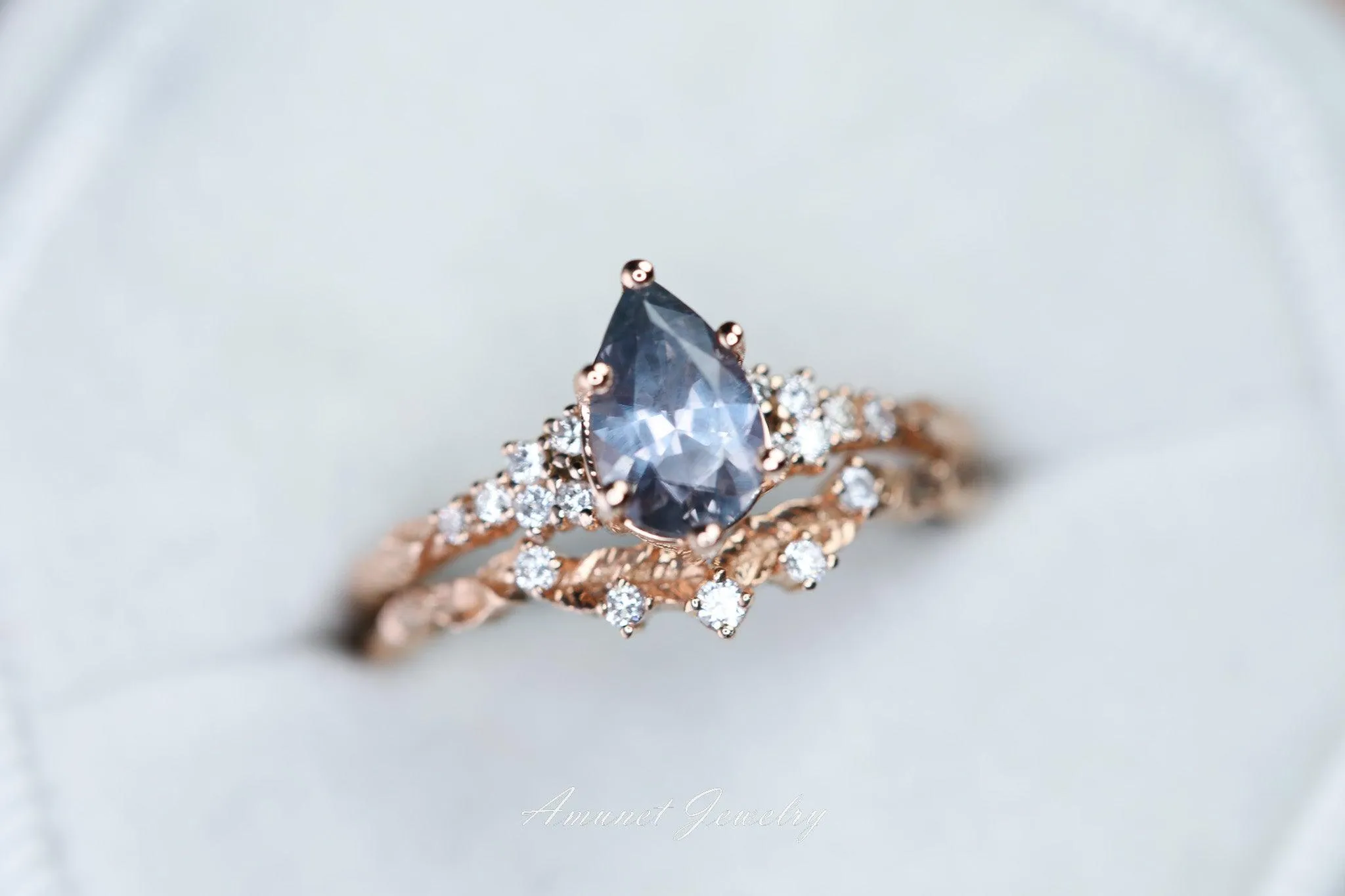 Montana sapphire ring, purple sapphire engagement ring, pear sapphire, leaf design ring, unique ring,promise ring.