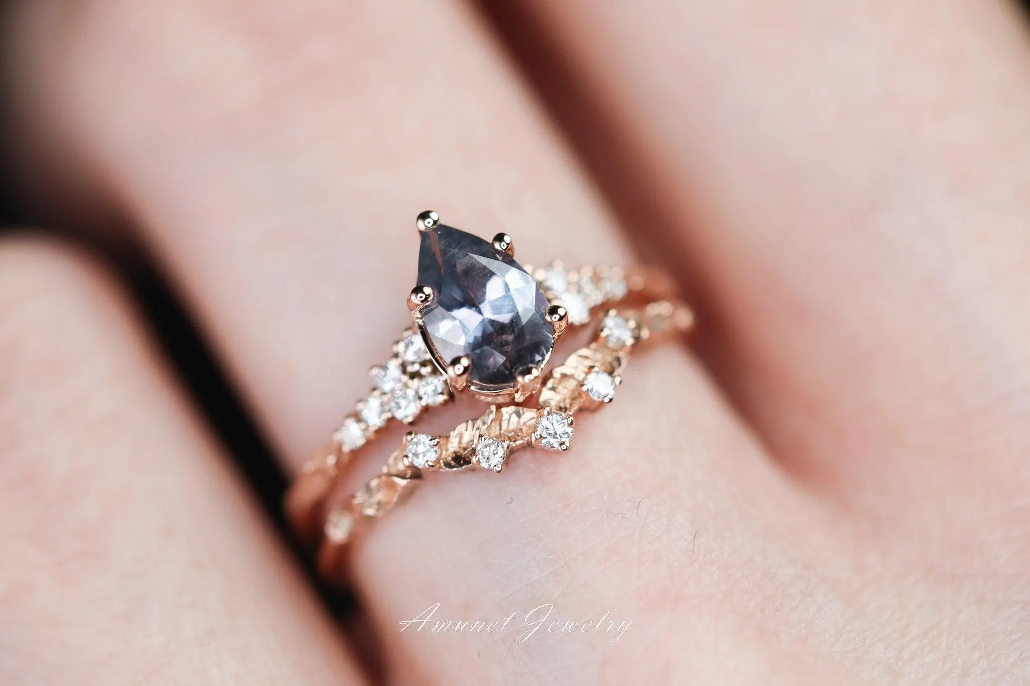 Montana sapphire ring, purple sapphire engagement ring, pear sapphire, leaf design ring, unique ring,promise ring.