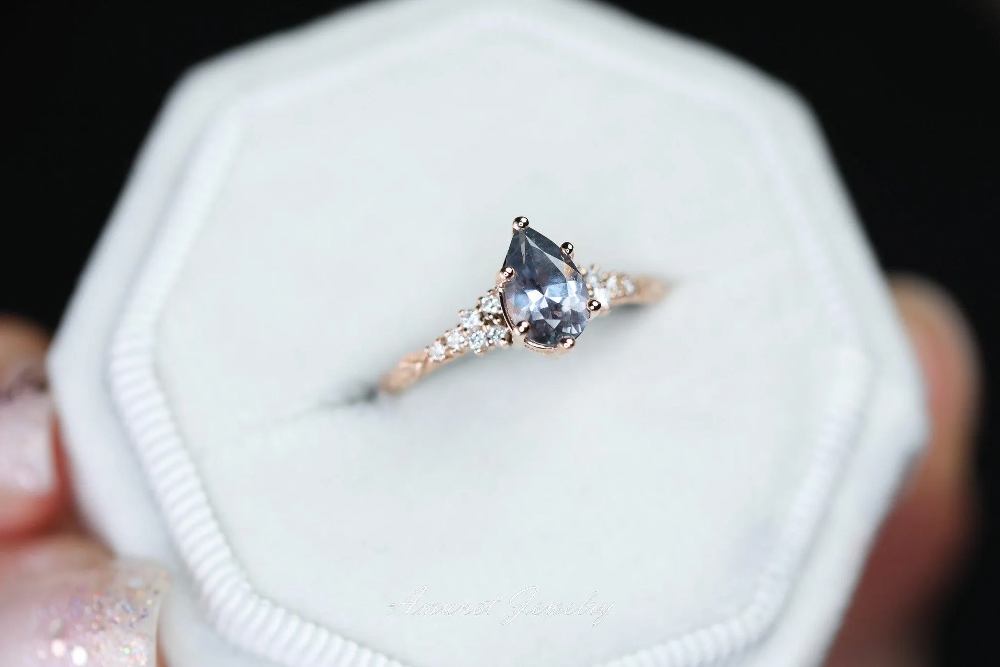 Montana sapphire ring, purple sapphire engagement ring, pear sapphire, leaf design ring, unique ring,promise ring.