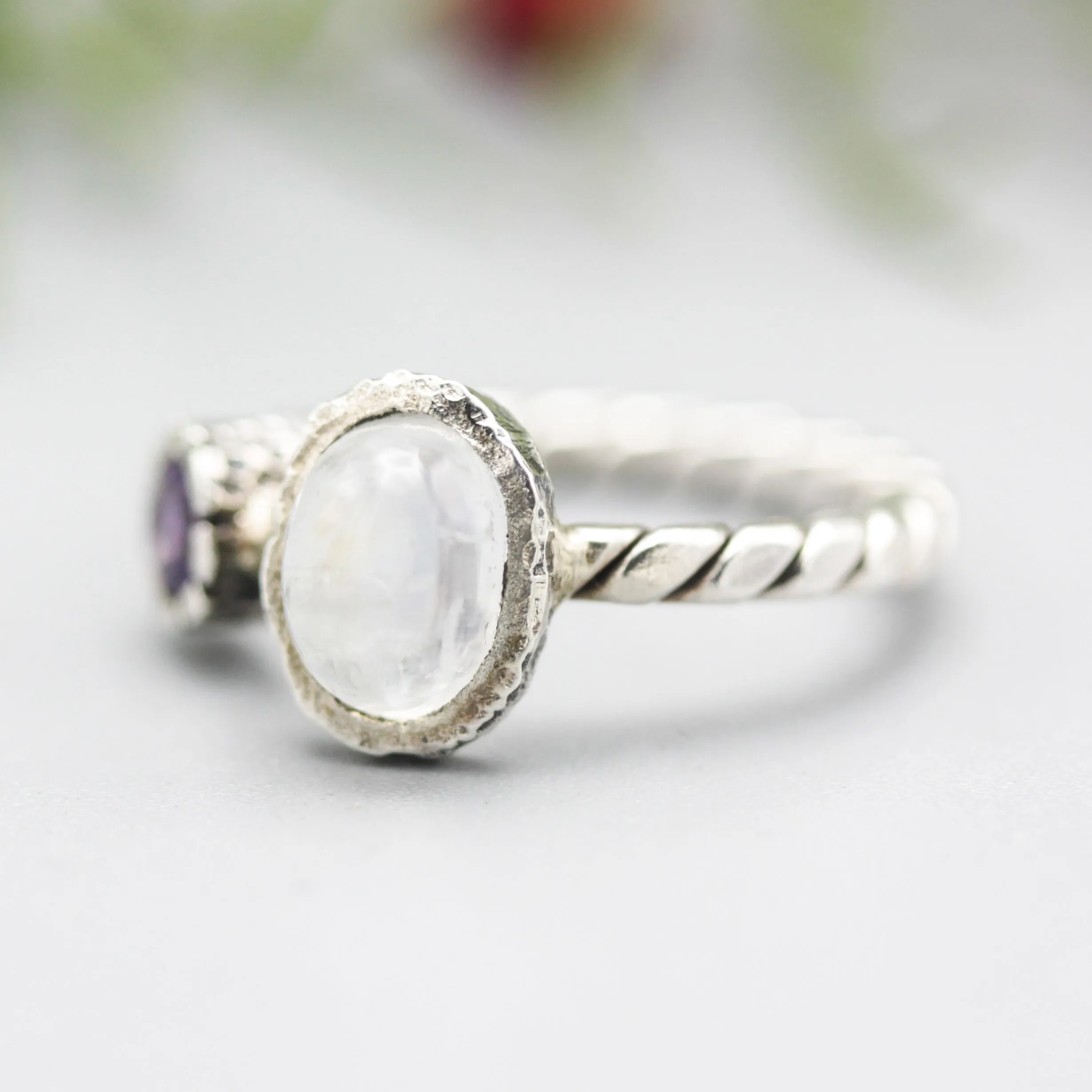 Moonstone and Round Amethyst ring with sterling silver twist design band