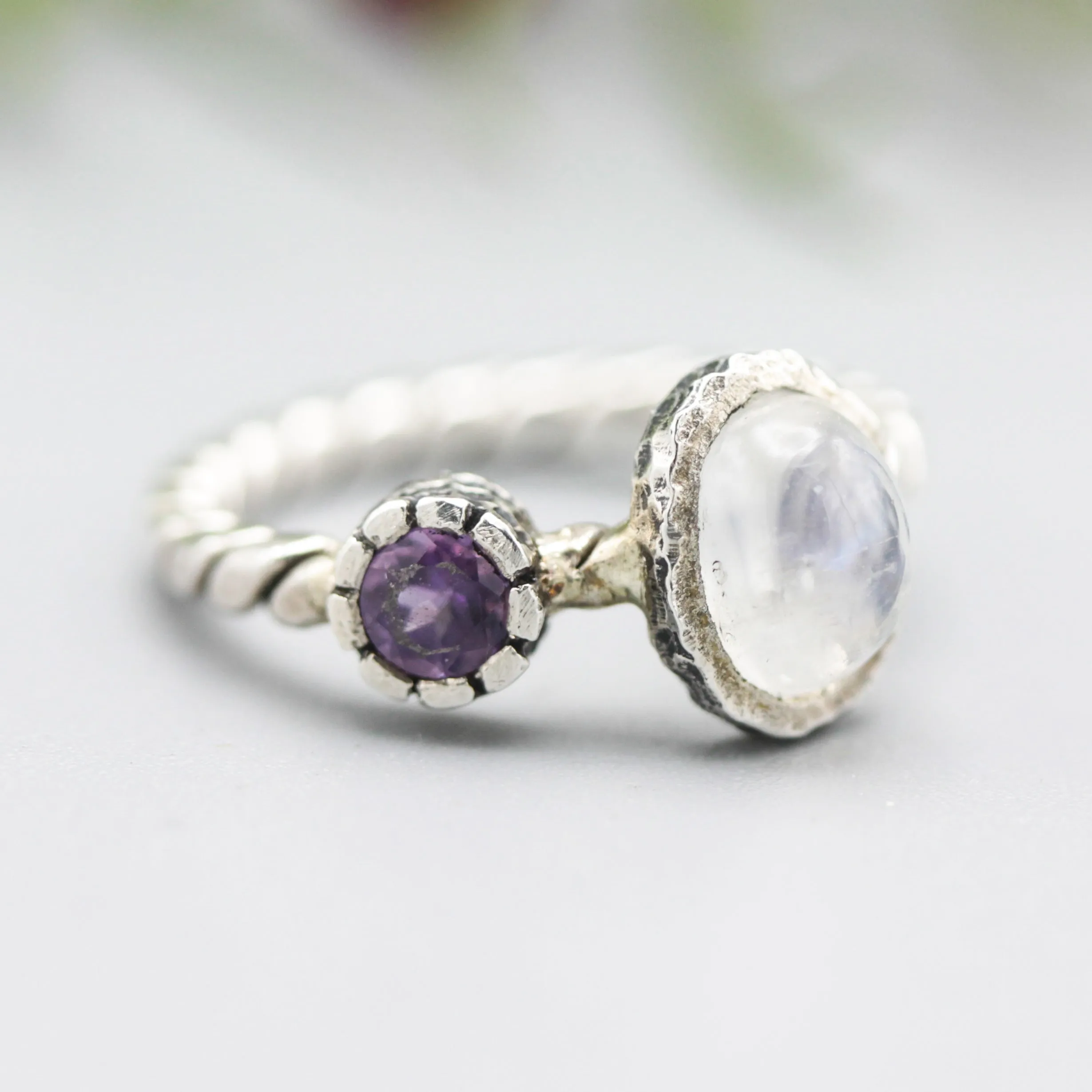 Moonstone and Round Amethyst ring with sterling silver twist design band