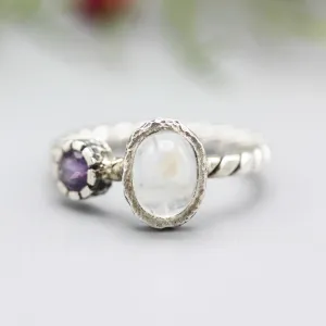 Moonstone and Round Amethyst ring with sterling silver twist design band