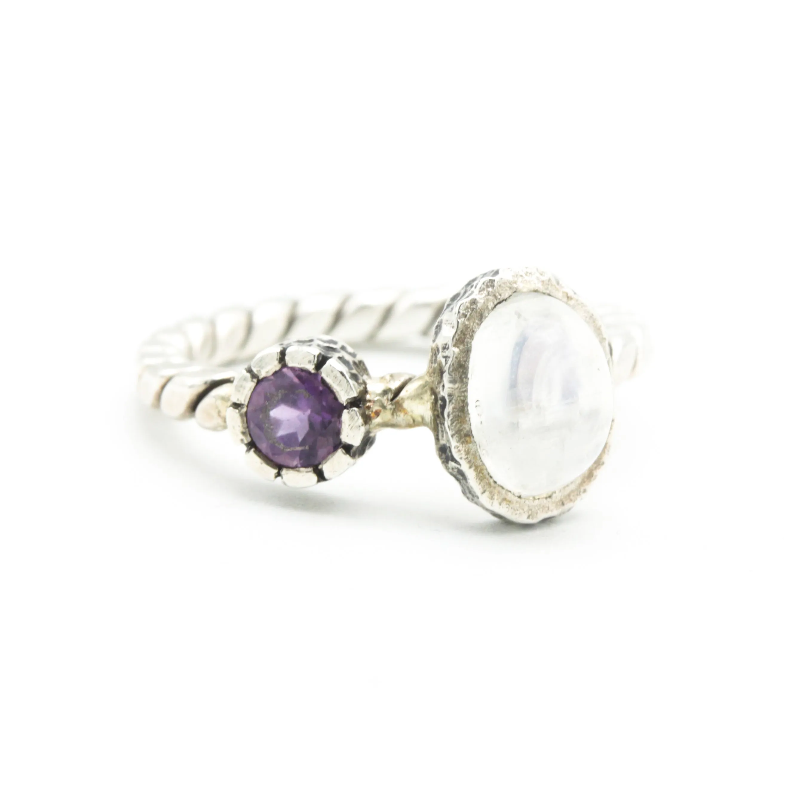 Moonstone and Round Amethyst ring with sterling silver twist design band