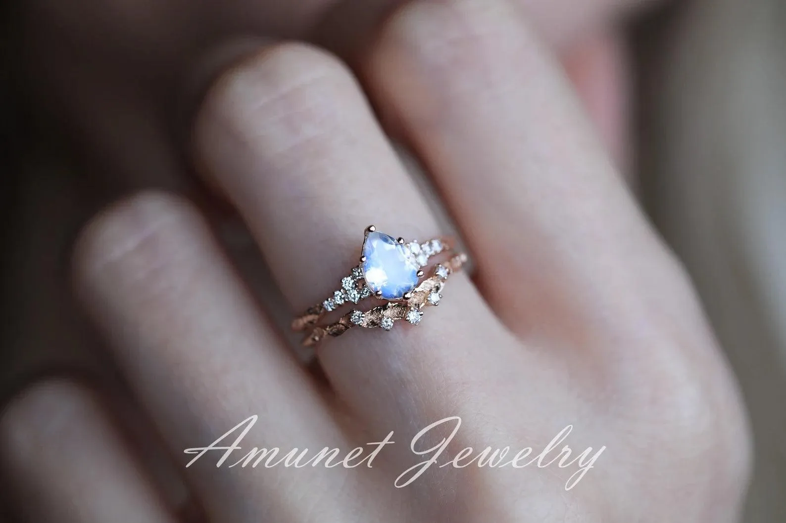 Moonstone diamond ring, engagement ring, leaf design ring, unique ring, moonstone ring