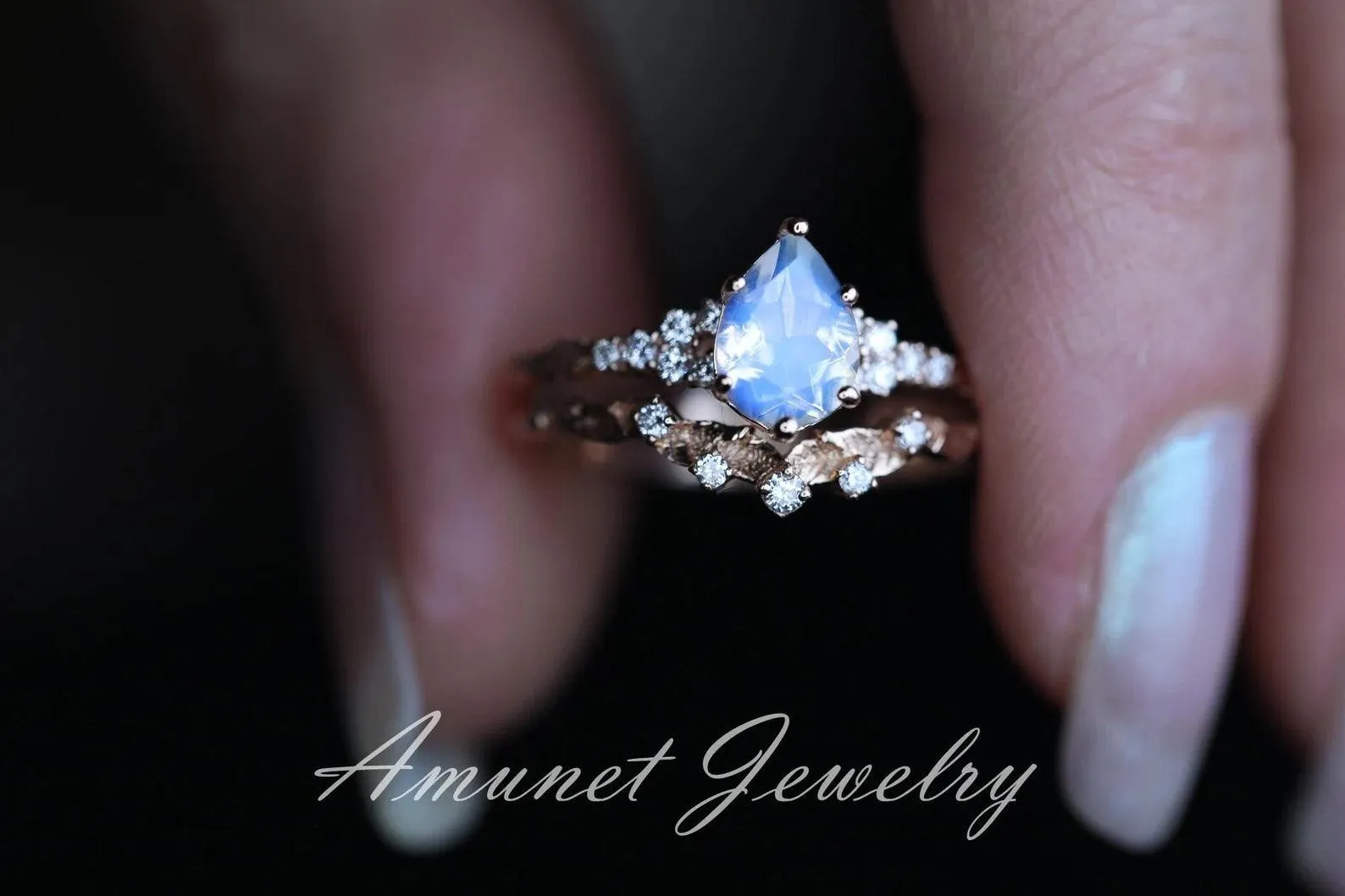 Moonstone diamond ring, engagement ring, leaf design ring, unique ring, moonstone ring