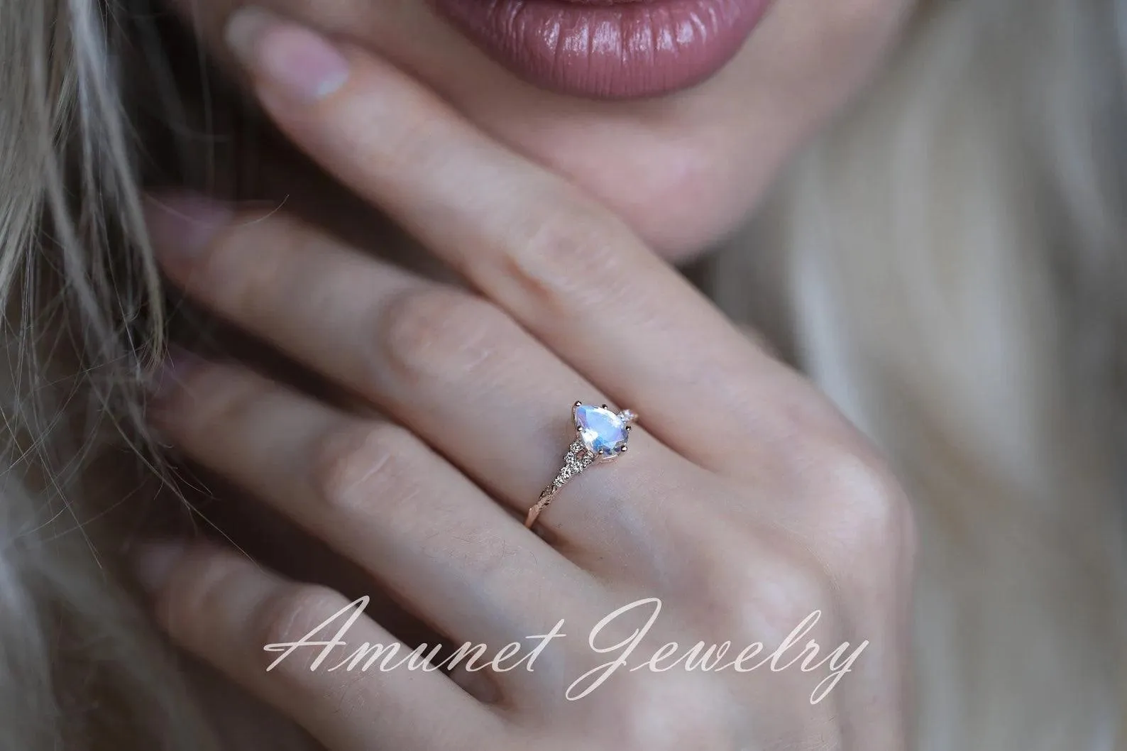 Moonstone diamond ring, engagement ring, leaf design ring, unique ring, moonstone ring