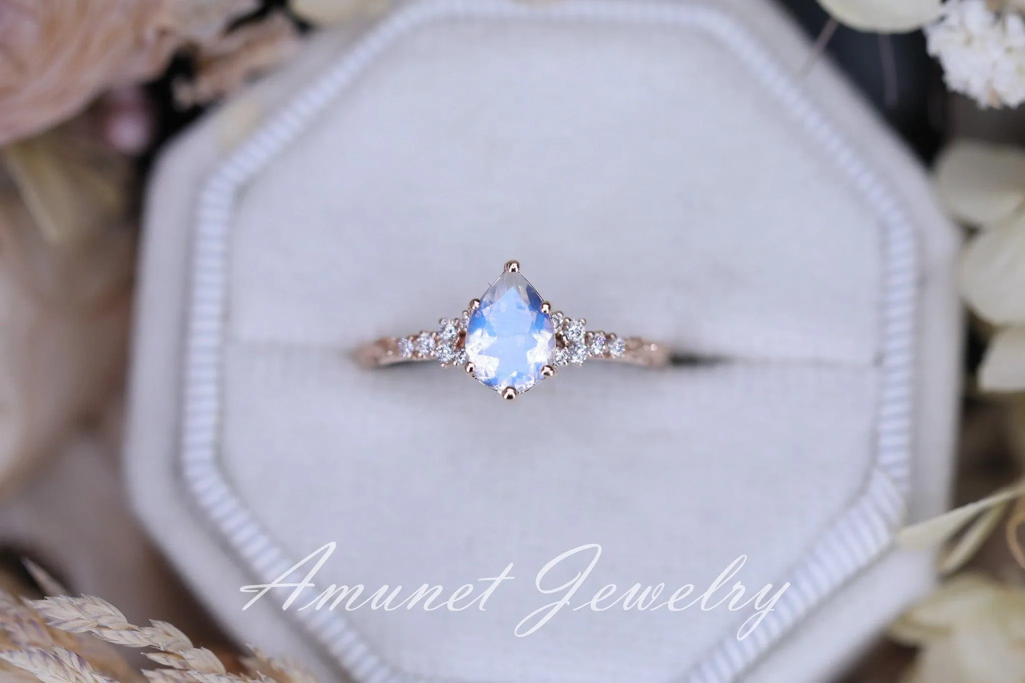 Moonstone diamond ring, engagement ring, leaf design ring, unique ring, moonstone ring
