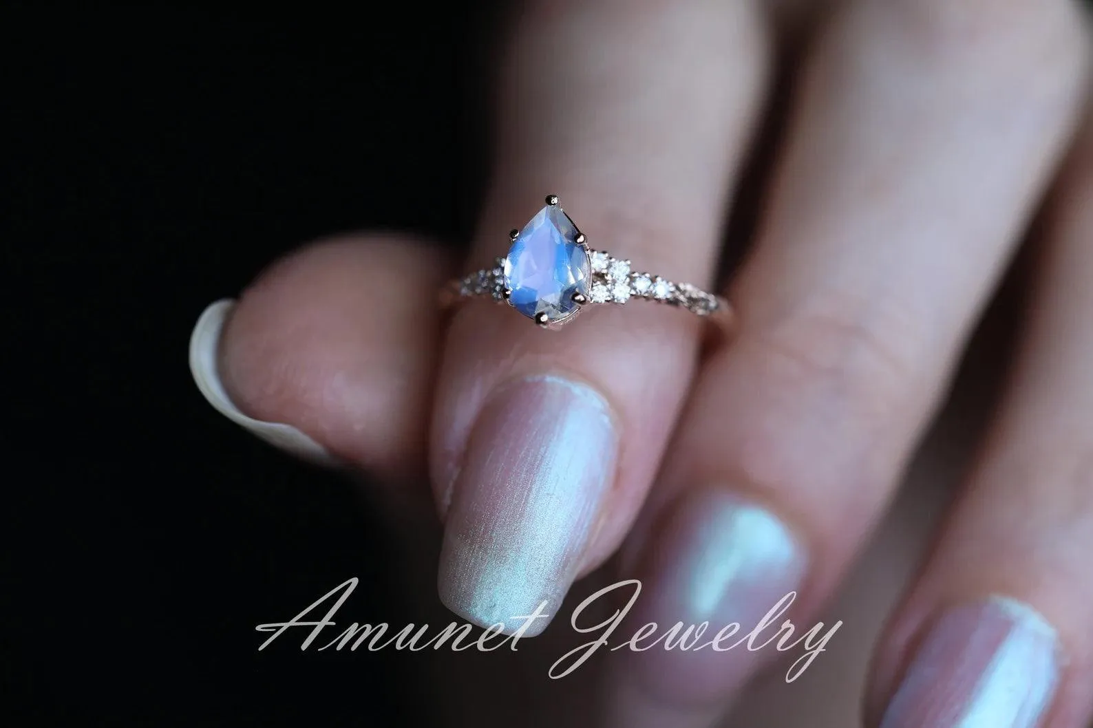 Moonstone diamond ring, engagement ring, leaf design ring, unique ring, moonstone ring