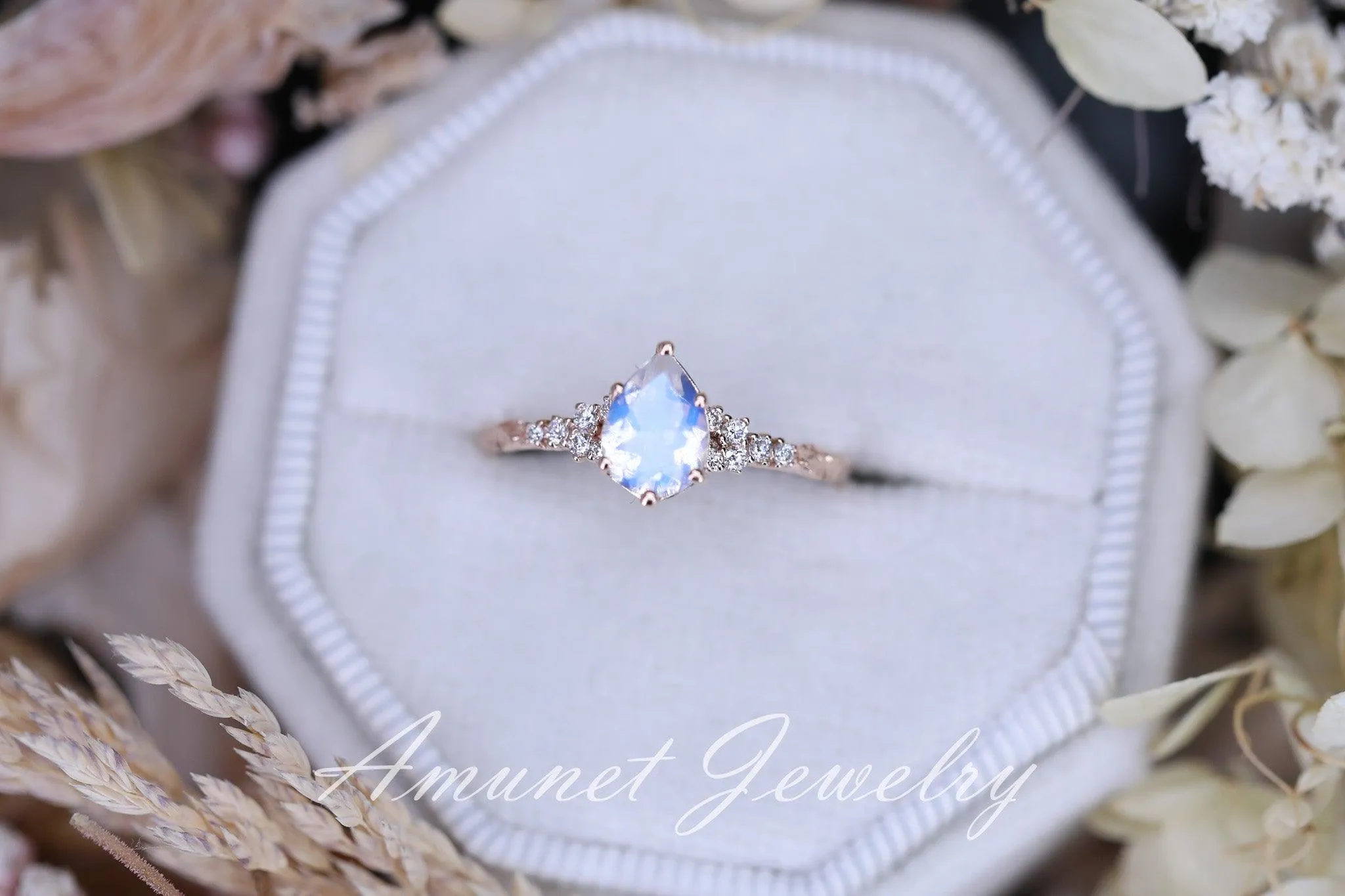 Moonstone diamond ring, engagement ring, leaf design ring, unique ring, moonstone ring