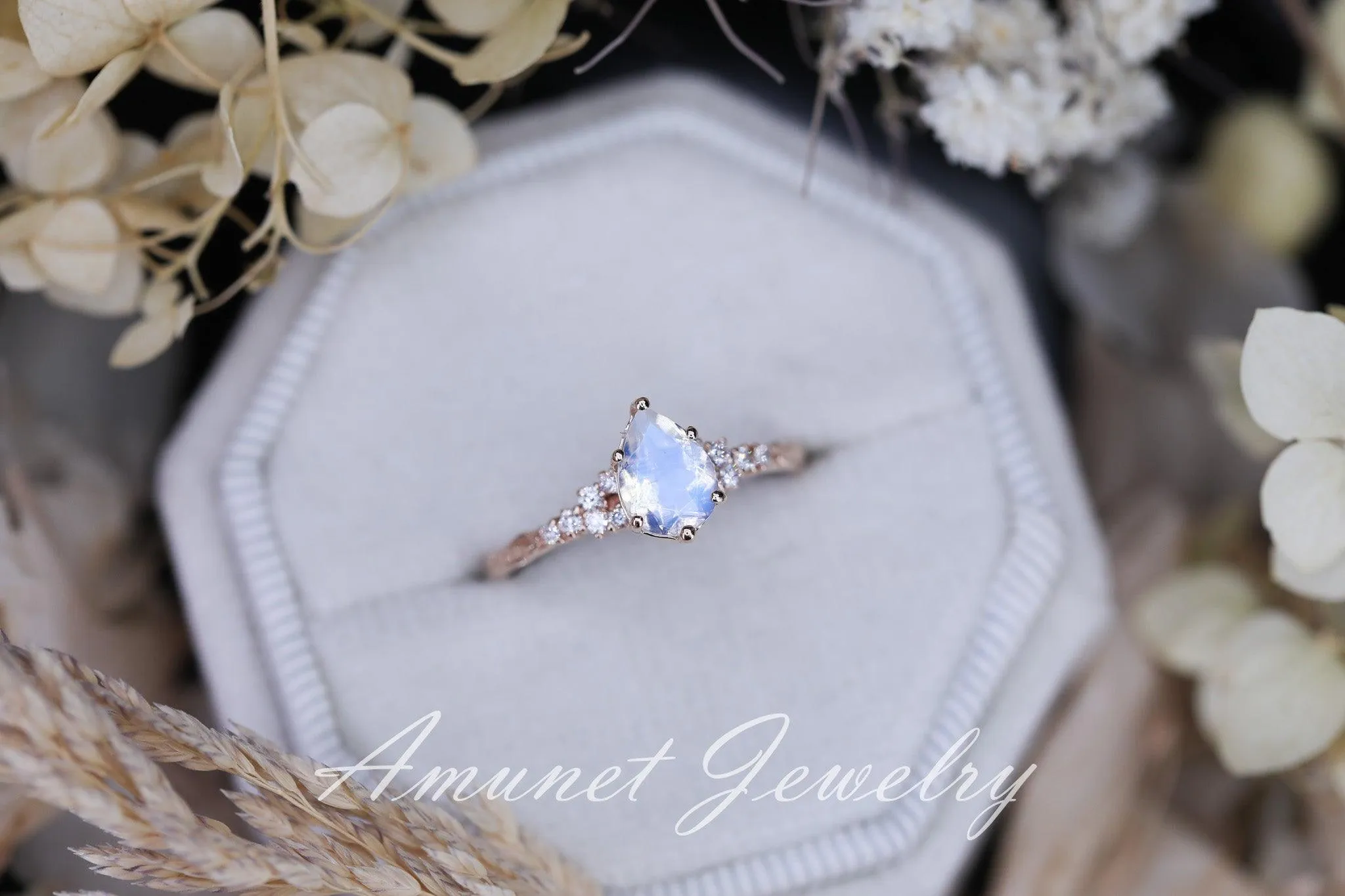 Moonstone diamond ring, engagement ring, leaf design ring, unique ring, moonstone ring