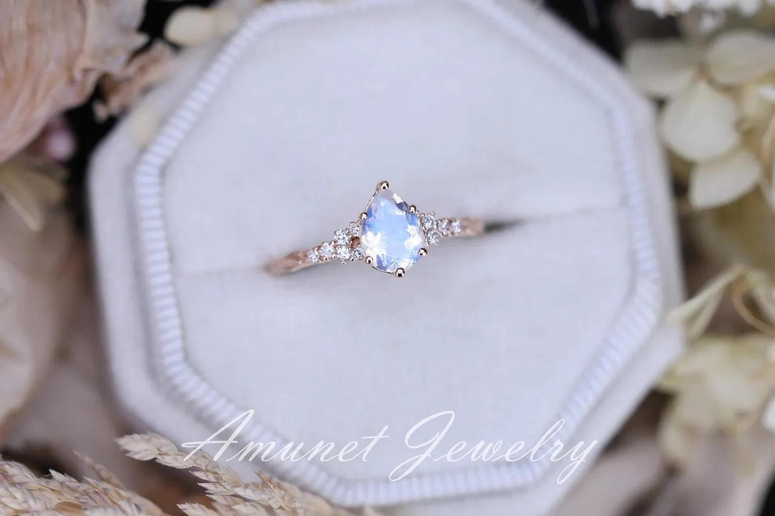 Moonstone diamond ring, engagement ring, leaf design ring, unique ring, moonstone ring