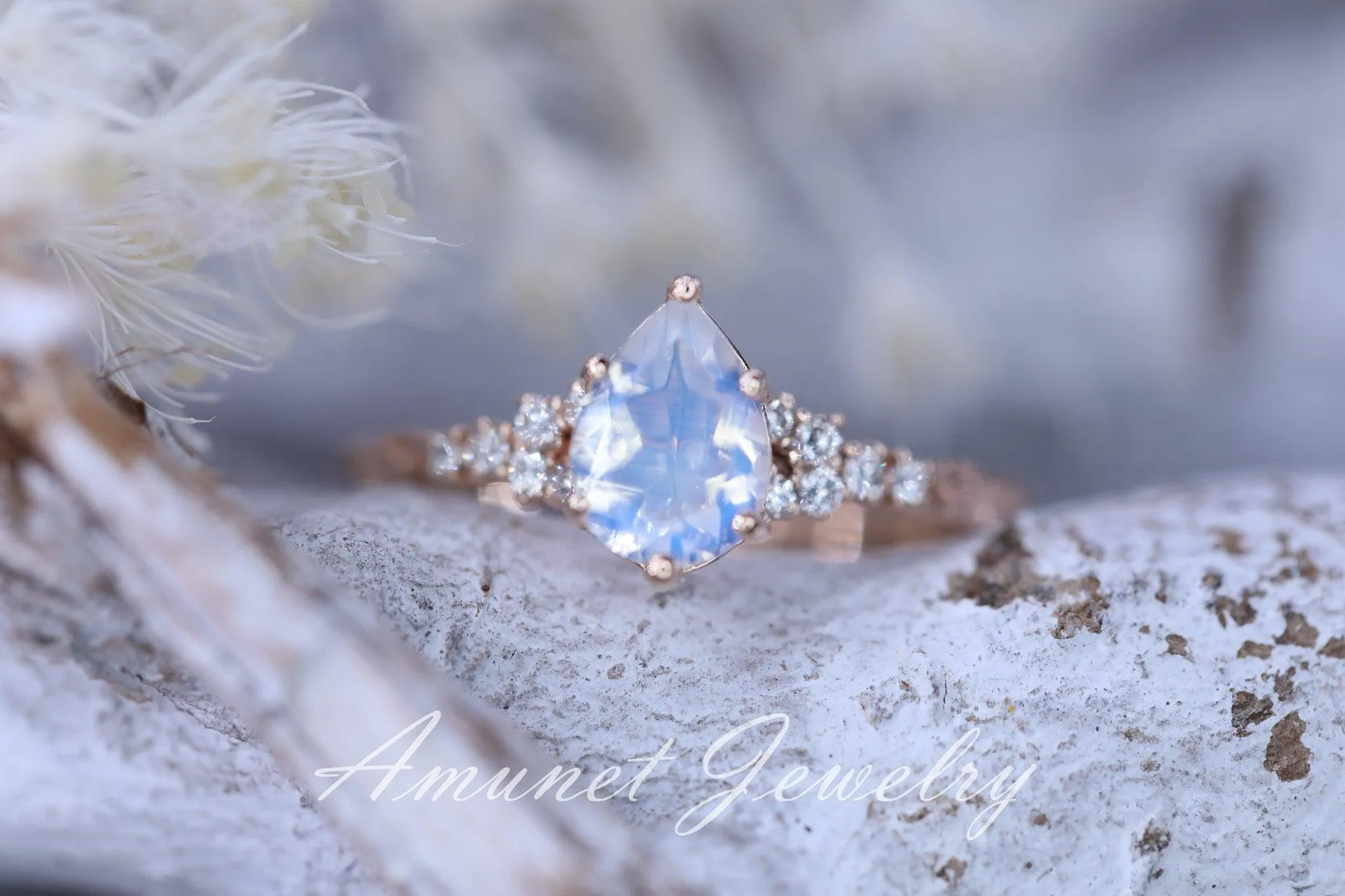 Moonstone diamond ring, engagement ring, leaf design ring, unique ring, moonstone ring