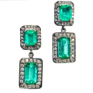 Natural Colombian Emerald and Diamond Drop Earrings 18 Karat
